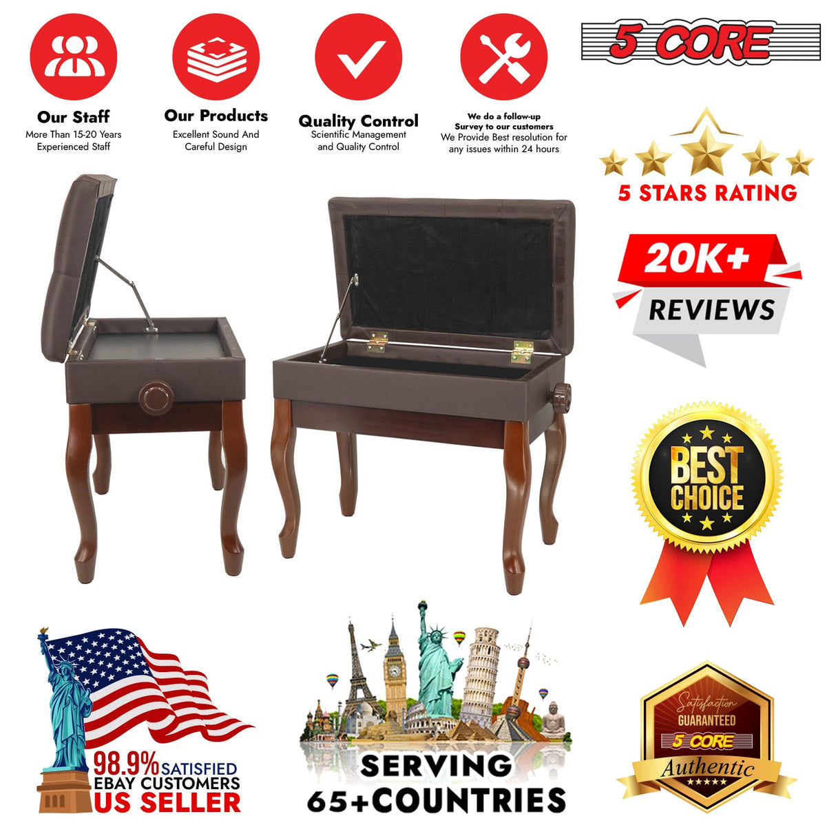 5 Core Piano Bench Wooden Height Adjustable Stool Heavy Duty Keyboard Seat with Storage BROWN