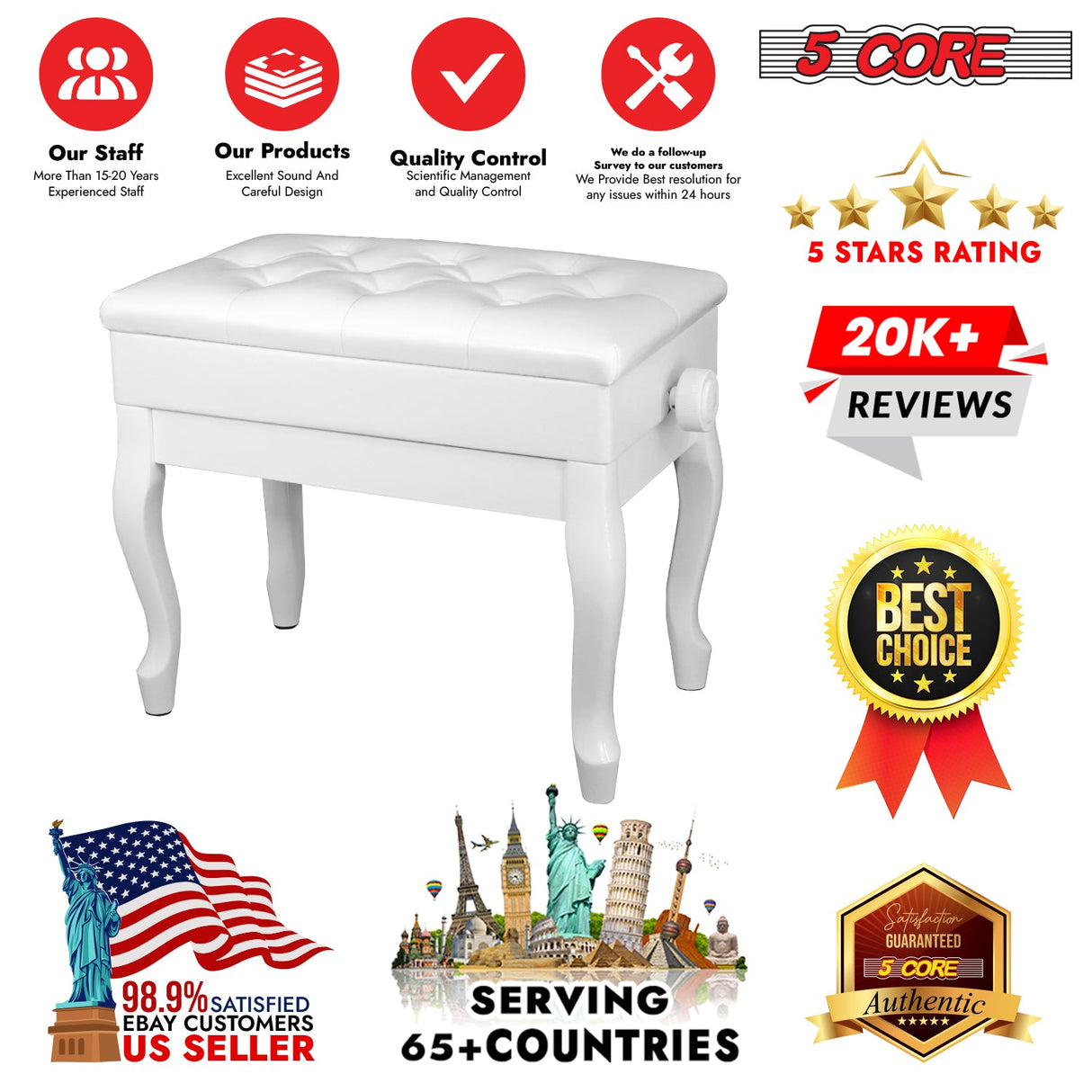 5 Core Piano Bench Wooden Height Adjustable Stool Heavy Duty Keyboard Seat with Storage WHITE