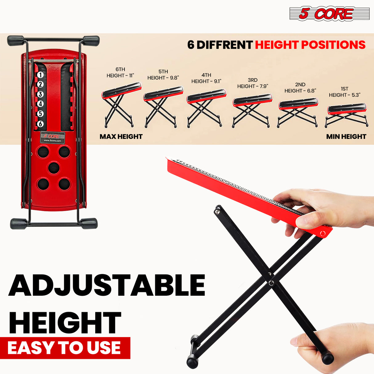 5Core Guitar Foot Stool Height Adjustable Folding Leg Rest Classical Footrest