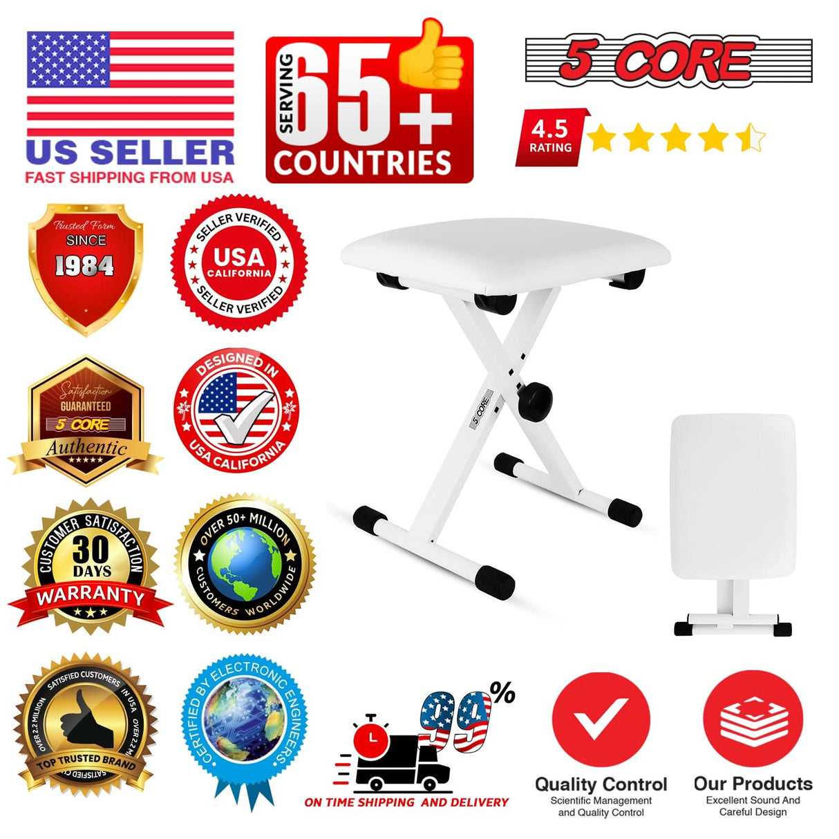 5 Core Keyboard Bench 2" Padded Cushioned Piano Stool Height Adjustable Guitar Seat Folding Portable