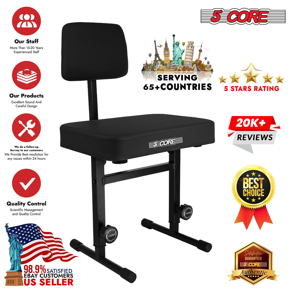 5 CORE Piano Bench Height Adjustable Keyboard Stool Stool Heavy Duty Thick Padded Cushioned Seat with Backrest Black