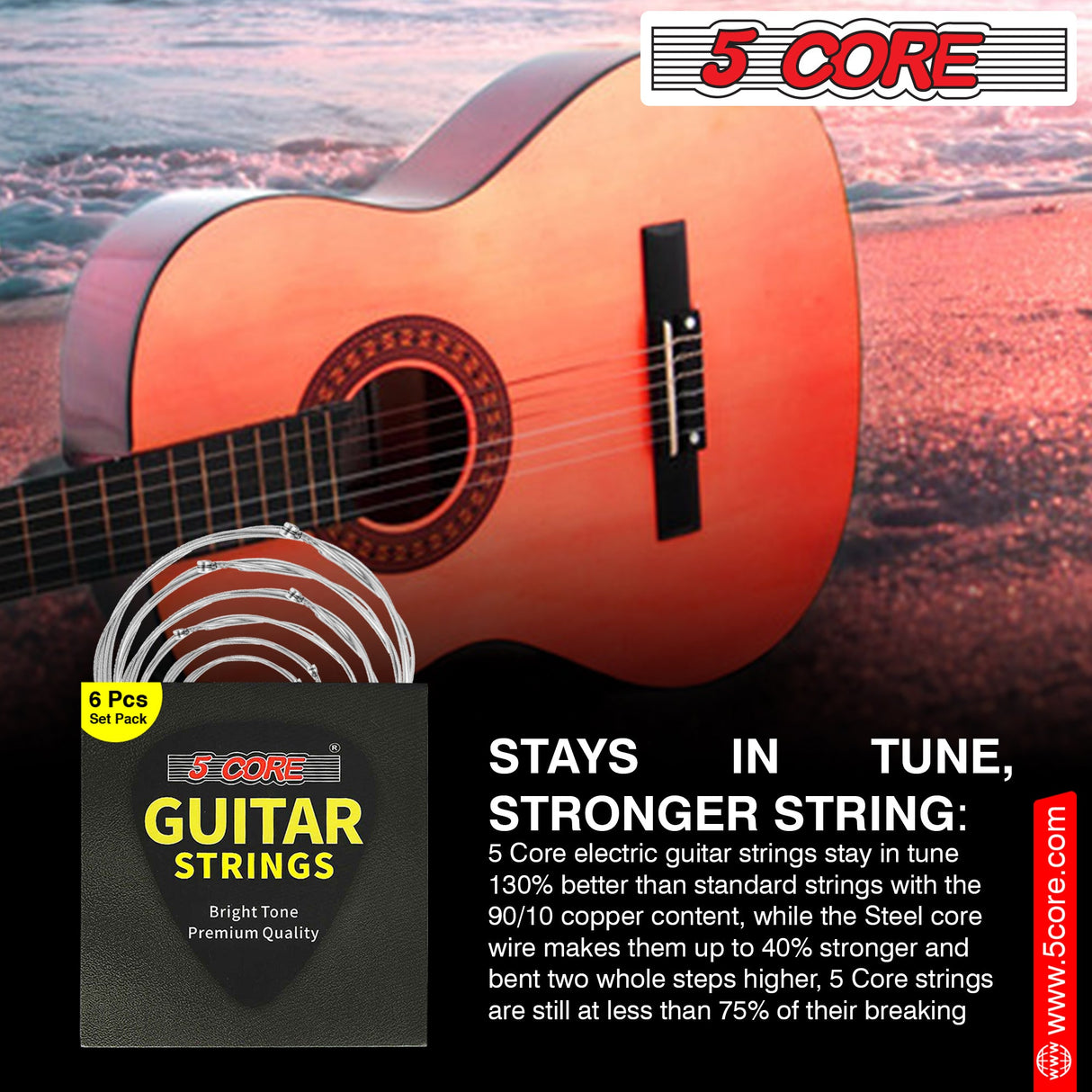 5Core Acoustic Guitar Strings 0.010-0.048 Steel Gauge Heavy Duty w Bright Tone For 6 String Guitars