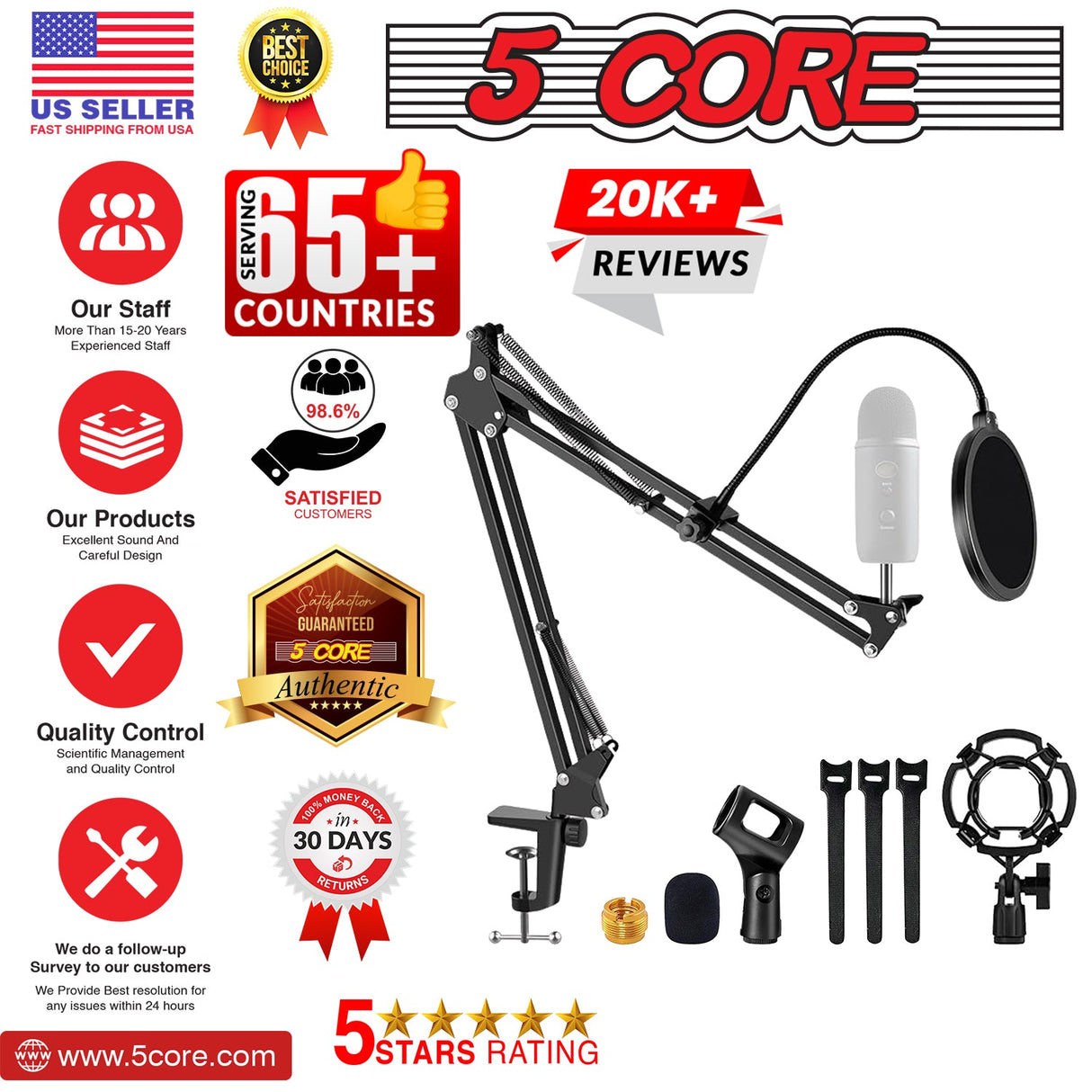 5Core Microphone Stand Suspension Desk Scissor Boom Arm 16" Shock Mount Pop Filter