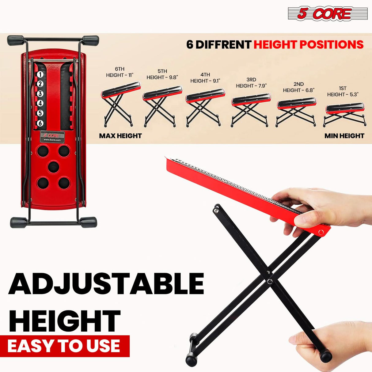 5Core Guitar Foot Stool Height Adjustable Folding Leg Rest Classical Footrest