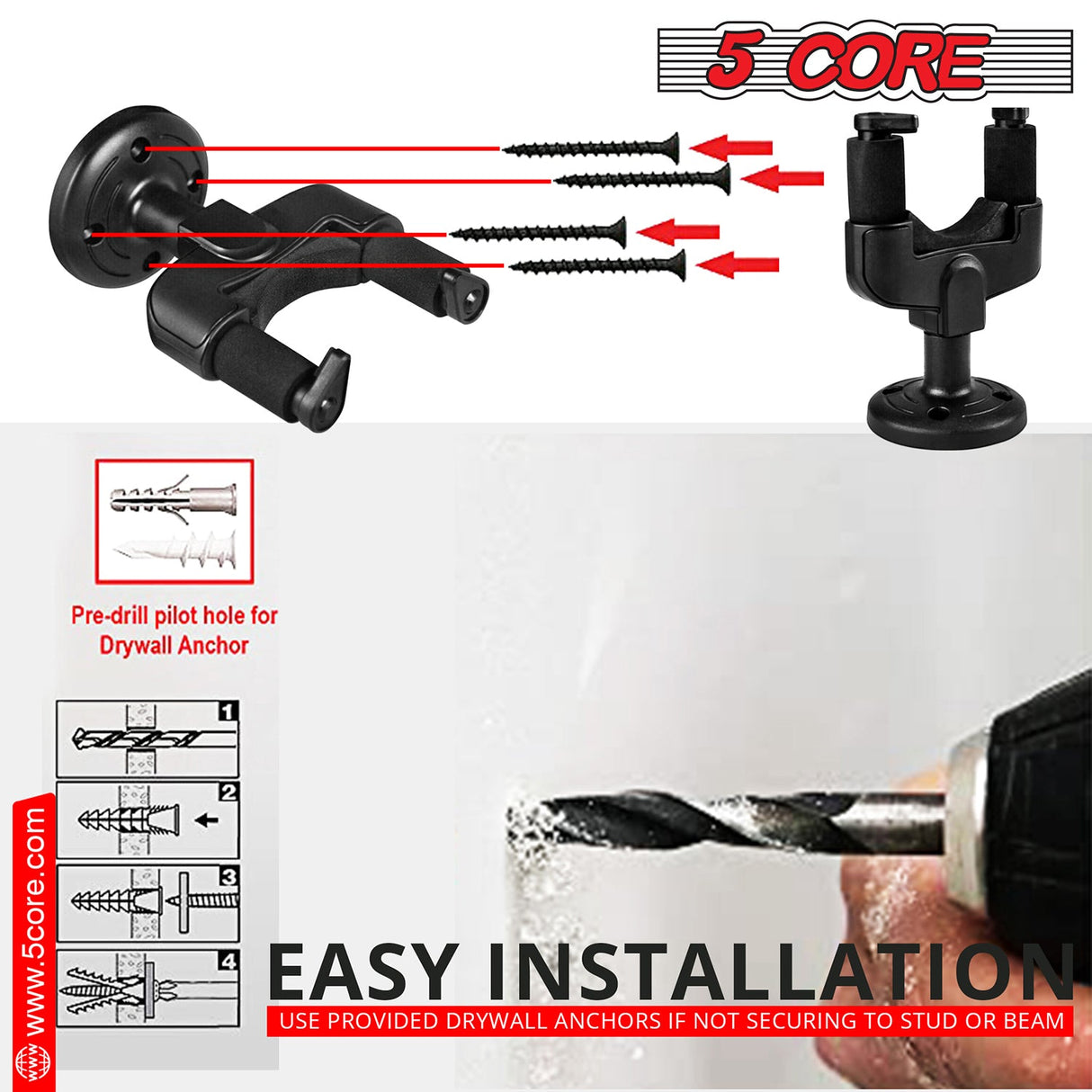 5Core Guitar Wall Mount Hanger Hook Metal Base Soft Padding Adjustable Rotatable Holder