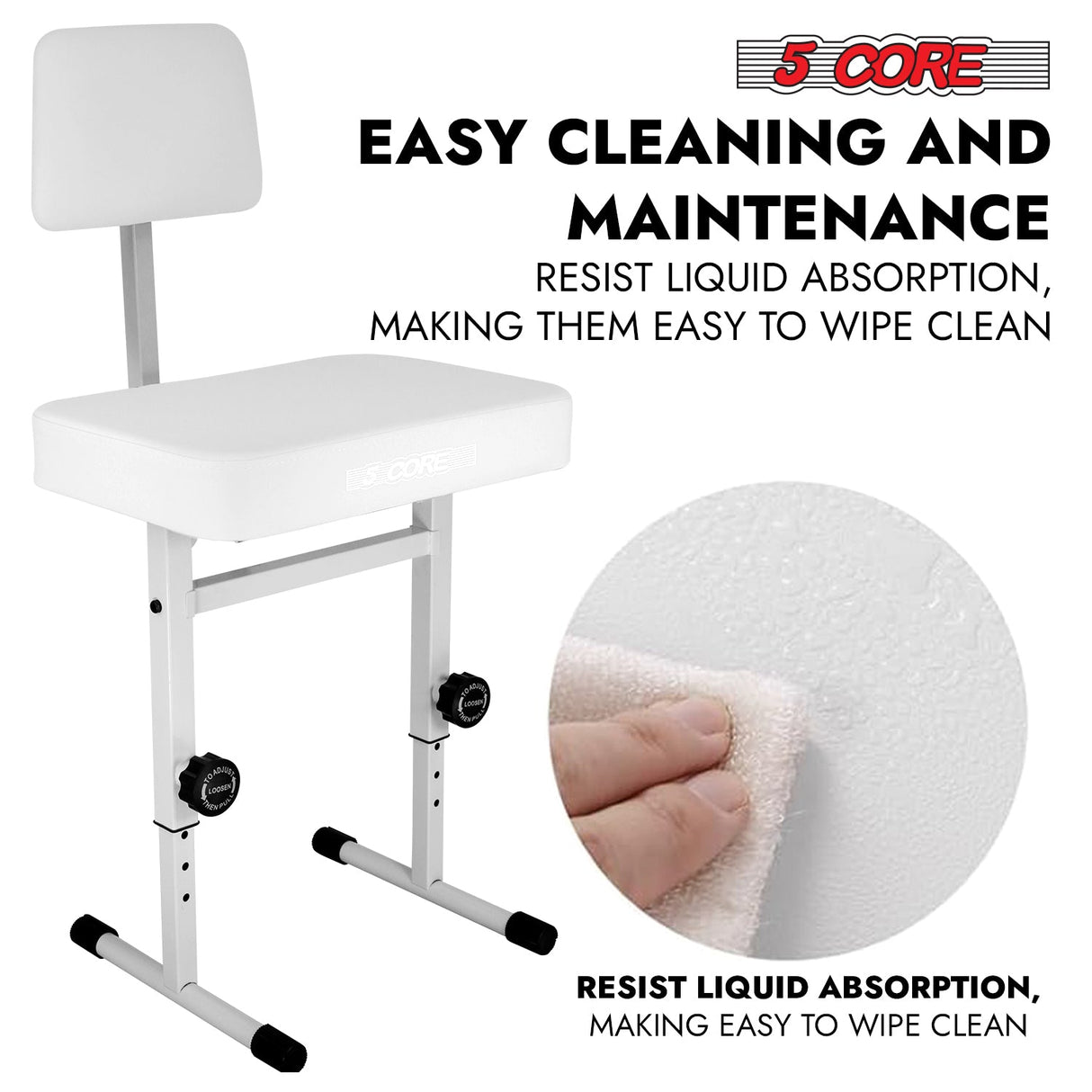 5 CORE Piano Bench Height Adjustable Keyboard Stool Stool Heavy Duty Thick Padded Cushioned Seat with Backrest White