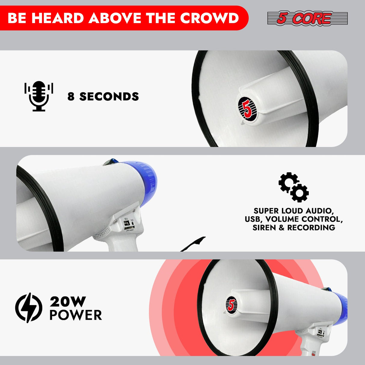 5Core Megaphone Bullhorn Speaker 20W Bull Horn Battery Power Cheer Megafono Loudspeaker USB