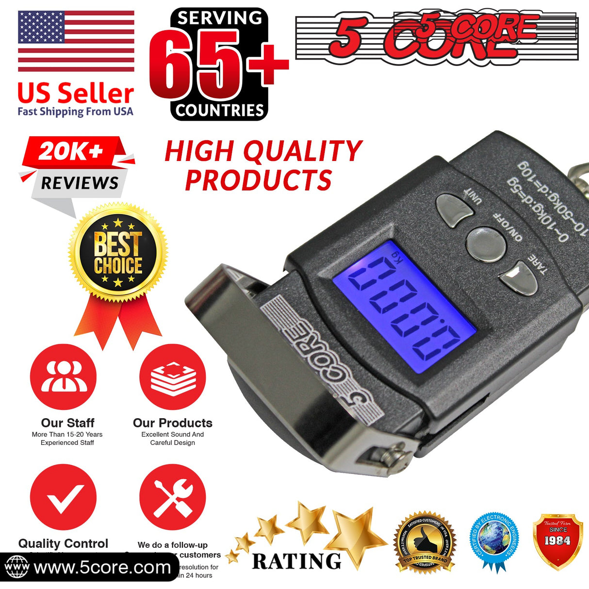 5Core Digital Fishing Scale 110lb/50kg Hanging Luggage Weighing Scales w Measuring Tape