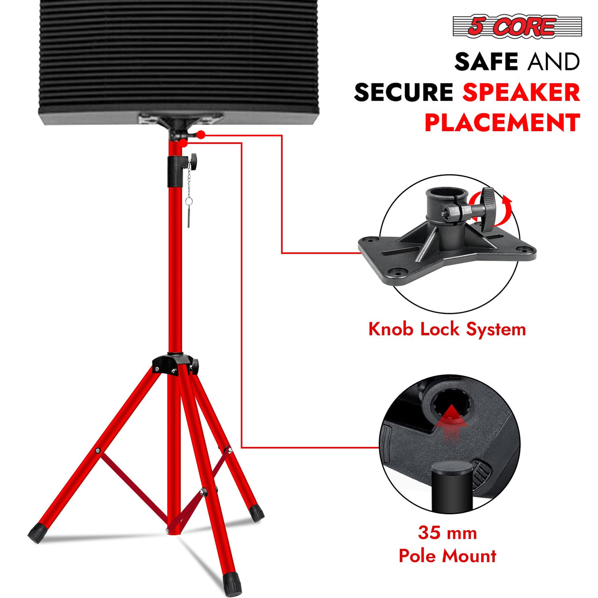 5Core Speaker Stand Tripod Tall Adjustable 72 Inch DJ Studio Monitor Stands Pole Mount RED