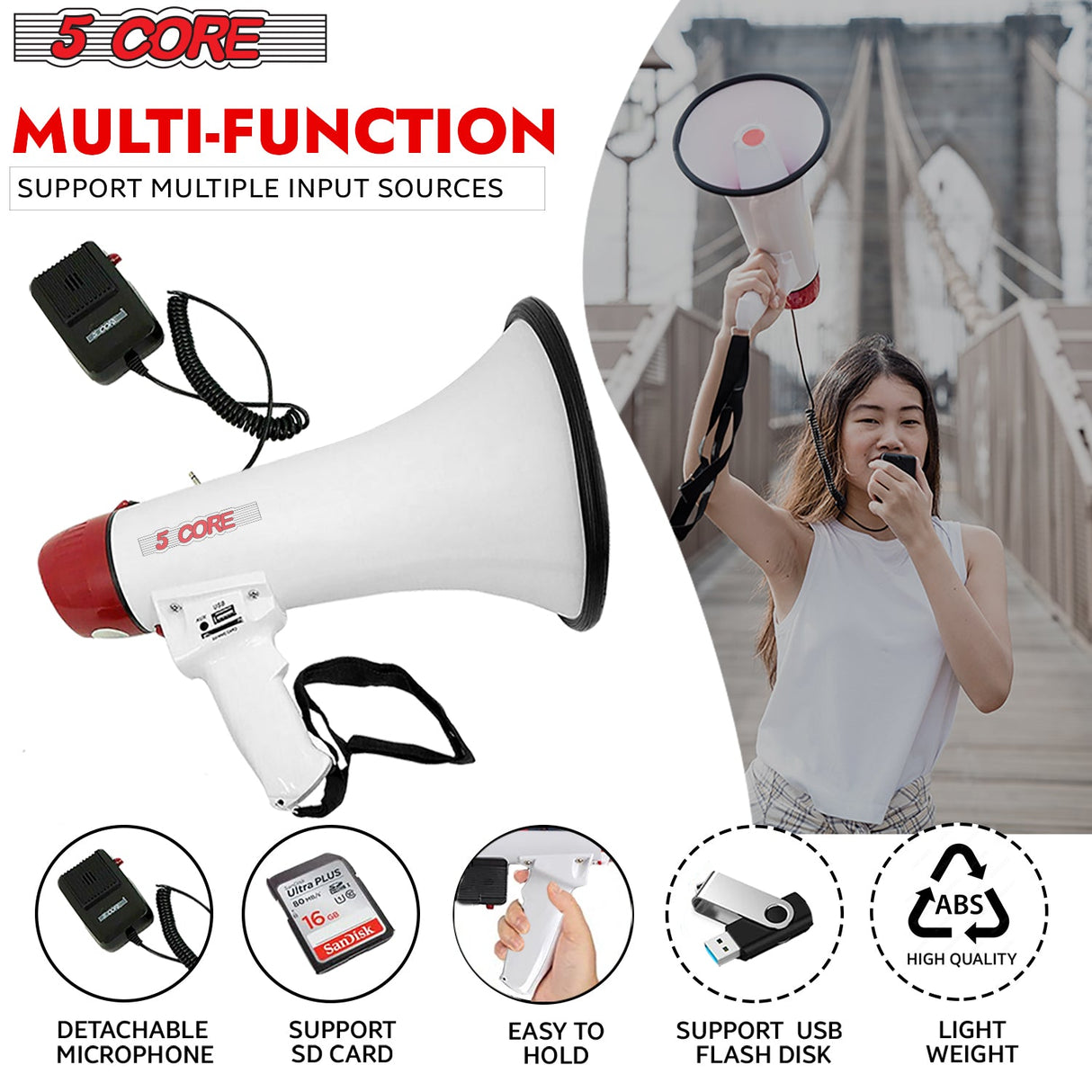 5Core Megaphone Bullhorn Speaker 50W Bull Horn Rechargeable Cheer Megafono 300 Meter