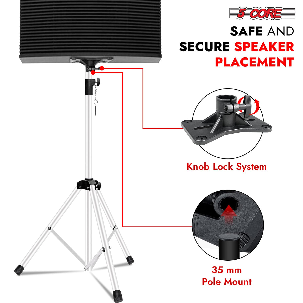 5Core Speaker Stand Tripod Tall Adjustable 72 Inch DJ Studio Monitor Stands Pole Mount WHITE