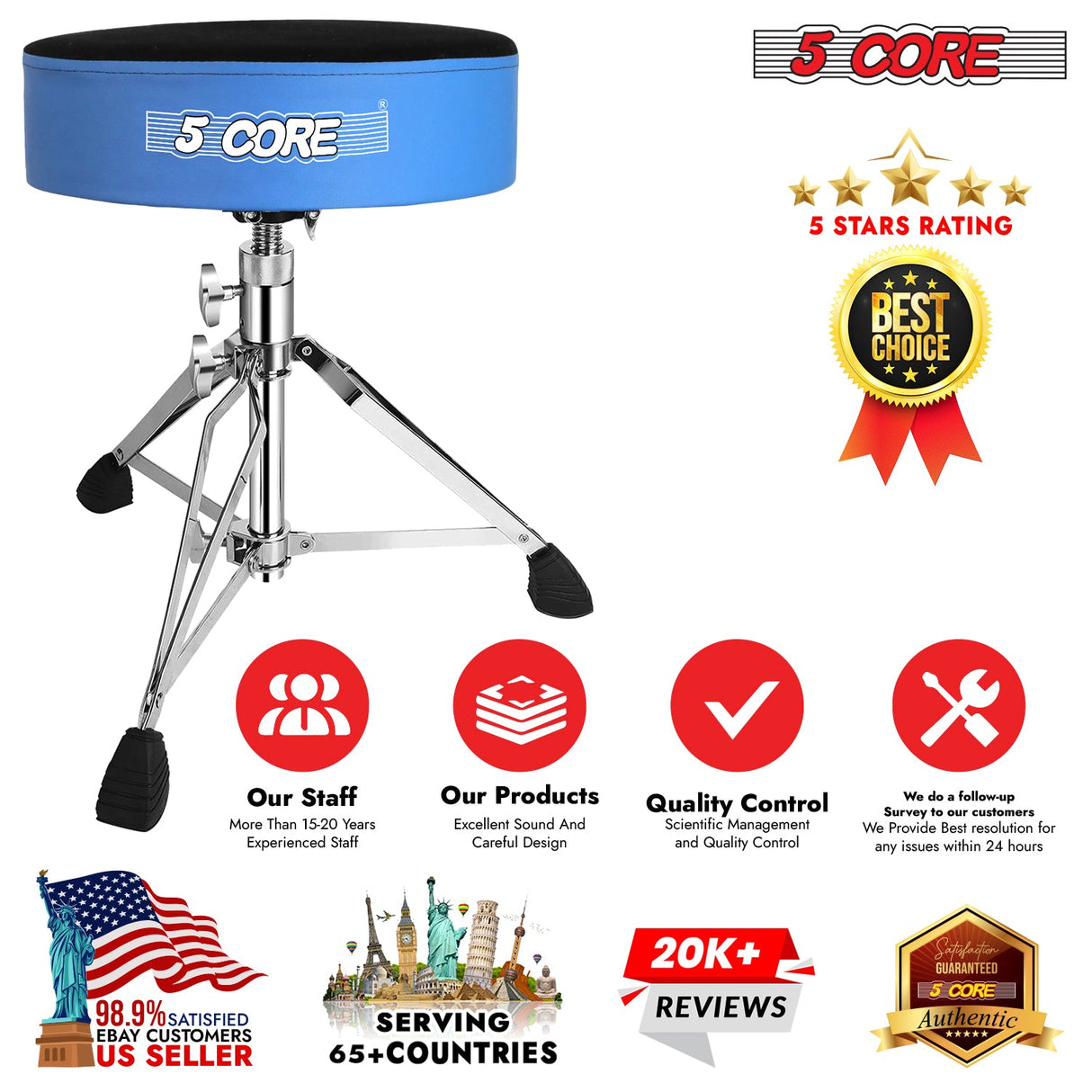 5Core Drum Throne Padded Guitar Stool Swivel Adjustable Drummer Seat Music Chair BLUE VELVET