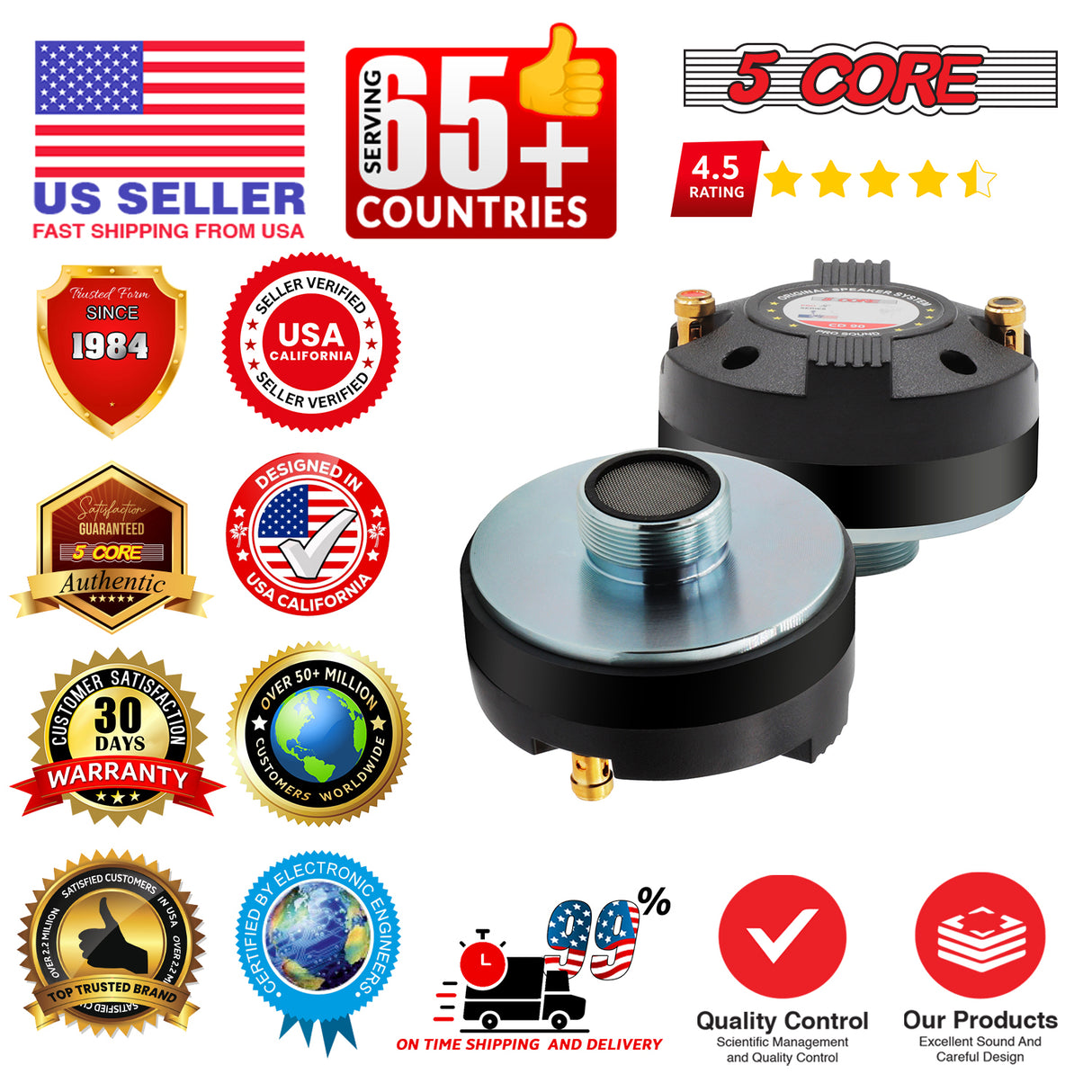 5 Core Compression Driver 2Pc 1″ PA Horn Tweeter Pro Audio 1000W 1.34″ Voice Coil 13 OZ Magnet 8Ohm