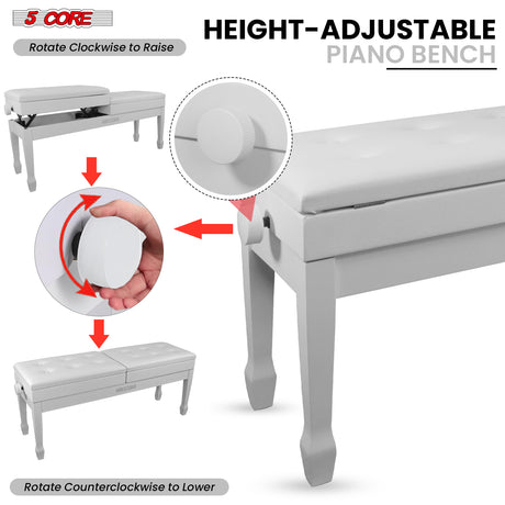 5 Core Duet Piano Bench 3.5 Inch Padded Cushioned Stool Wooden Heavy Duty Musician Chair w Storage