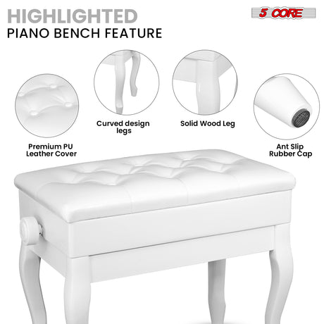 5 Core Piano Bench 3" Padded Cushioned Stool Wooden Heavy Duty Adjustable Musician Chair w Storage