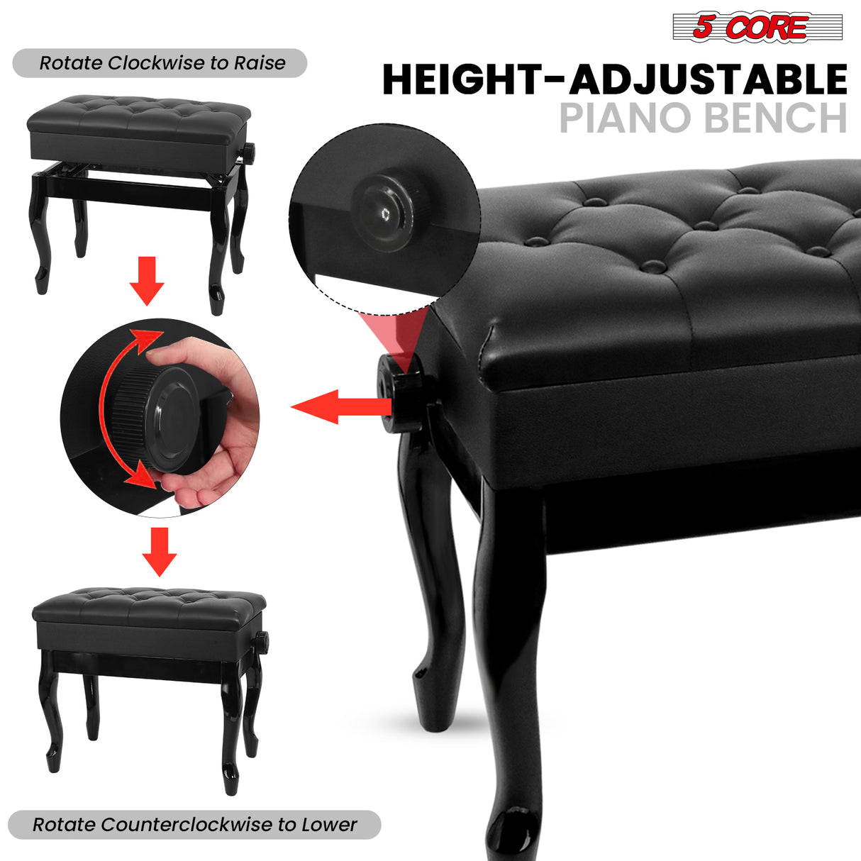 5 Core Piano Bench 3" Padded Cushioned Stool Wooden Heavy Duty Adjustable Musician Chair w Storage