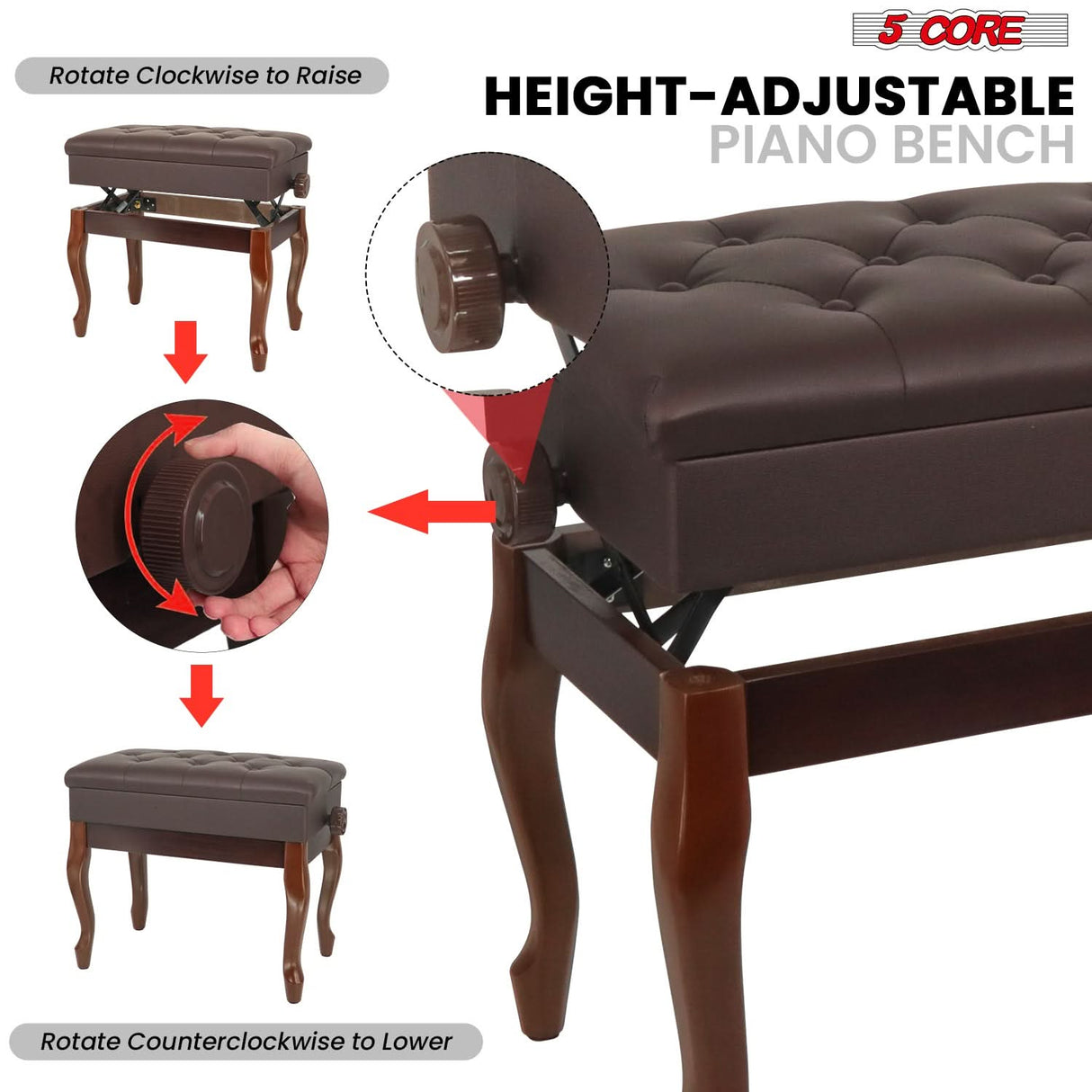 5 Core Piano Bench 3" Padded Cushioned Stool Wooden Heavy Duty Adjustable Musician Chair w Storage
