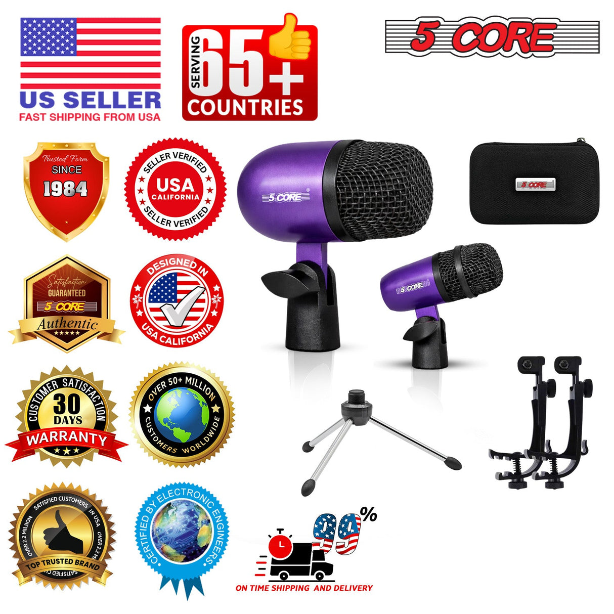 5 Core Conga Mic Snare Tom Set Professional XLR Cardioid Condenser Instrument Microphone Kit