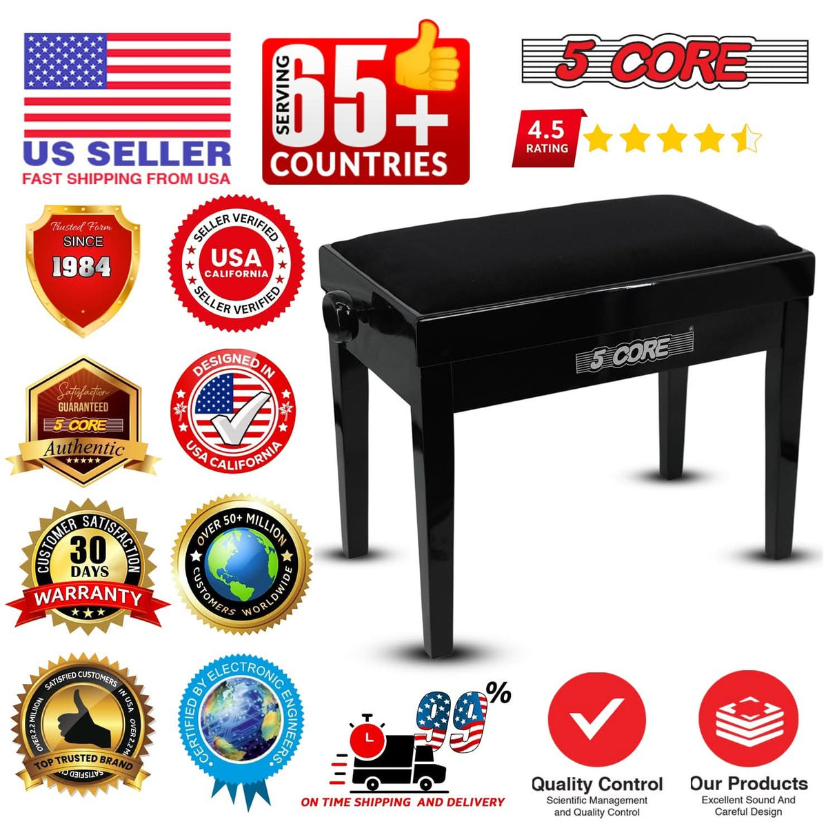 5 Core Adjustable Piano Bench Thick 3.25" Solid Wood Keyboard Stool Heavy Duty Musician Chair