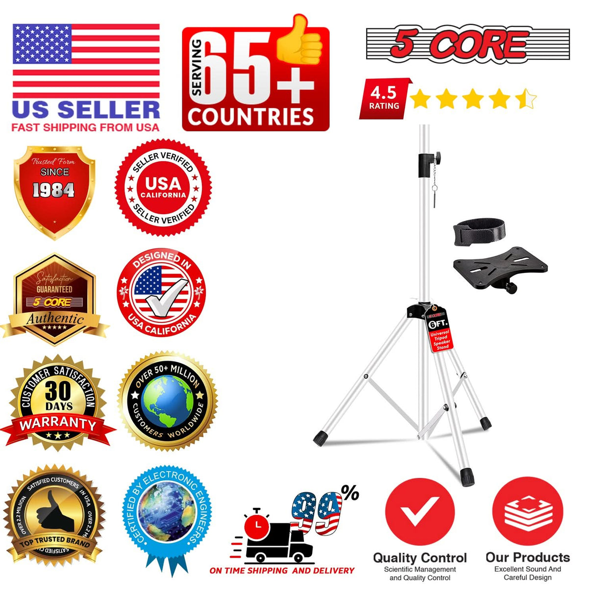 5 Core Speaker Stand Height Adjustable PA DJ Tripod Studio Monitor Stands w 35mm Compatible Insert