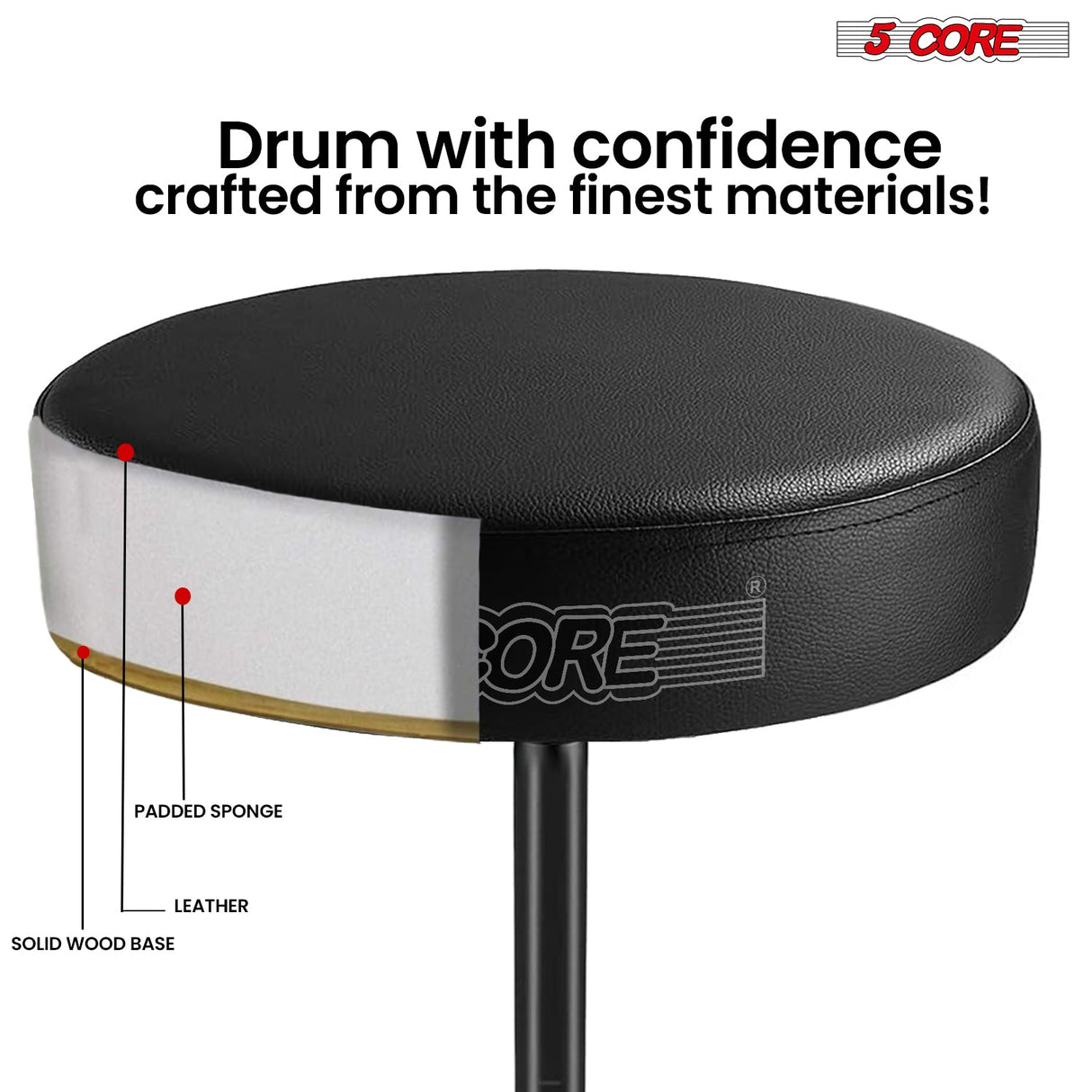 5 Core Drum Throne 3" Thick Padded Memory Foam Comfortable Drummer Stool 330Lb Capacity Adjustable