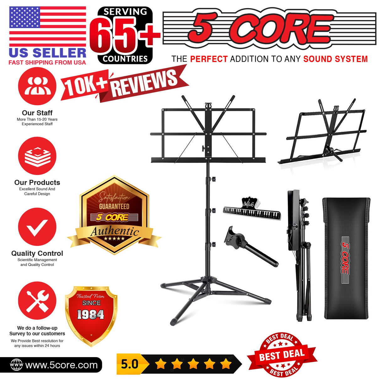 5Core Music Stand For Sheet Music Portable Tripod Adjustable Folding Note Holder