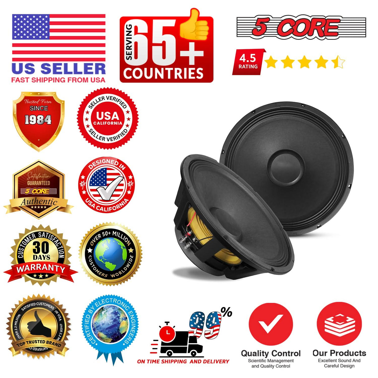 5 Core 15" Subwoofer Speaker 350W RMS Full Range PA DJ Audio Sub Woofer 8Ohm Bass Replacement Driver