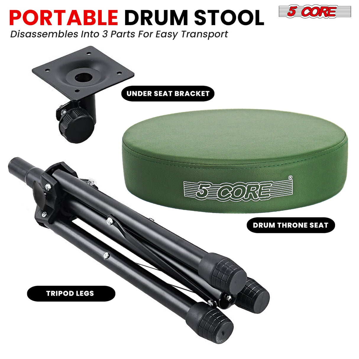 5 Core Drum Throne 3" Thick Padded Memory Foam Comfortable Drummer Stool 330Lb Capacity Adjustable
