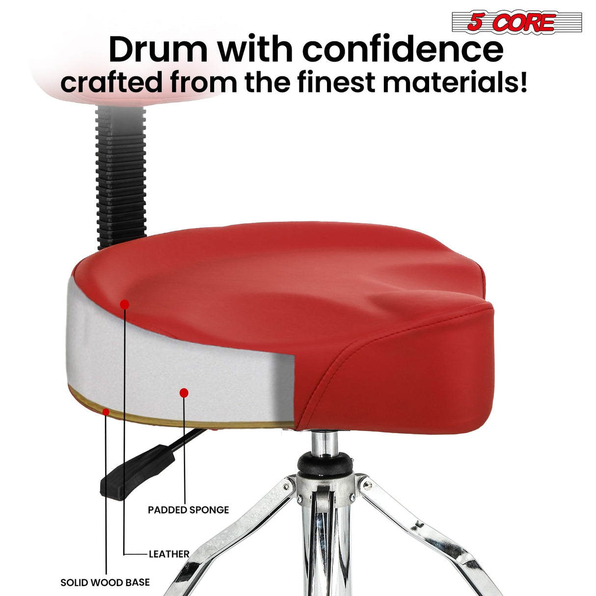 5Core Drum Throne Padded Guitar Stool Backrest Drummer Seat for Adults And Kids RED