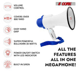 5 Core Megaphone 30W Bull Horn PA Speaker w 800 Yards Range Loud Siren Voice Amplifier Portable