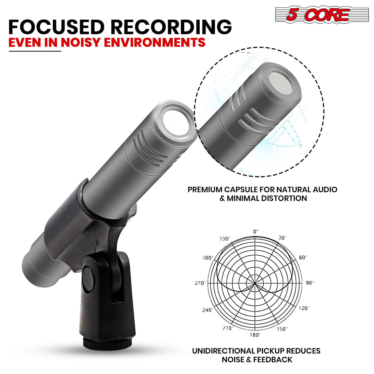 5Core Drum Mic Kit 9 Pcs Kick BassTom Snare Dynamic Mics Instrument Microphone Set GREY