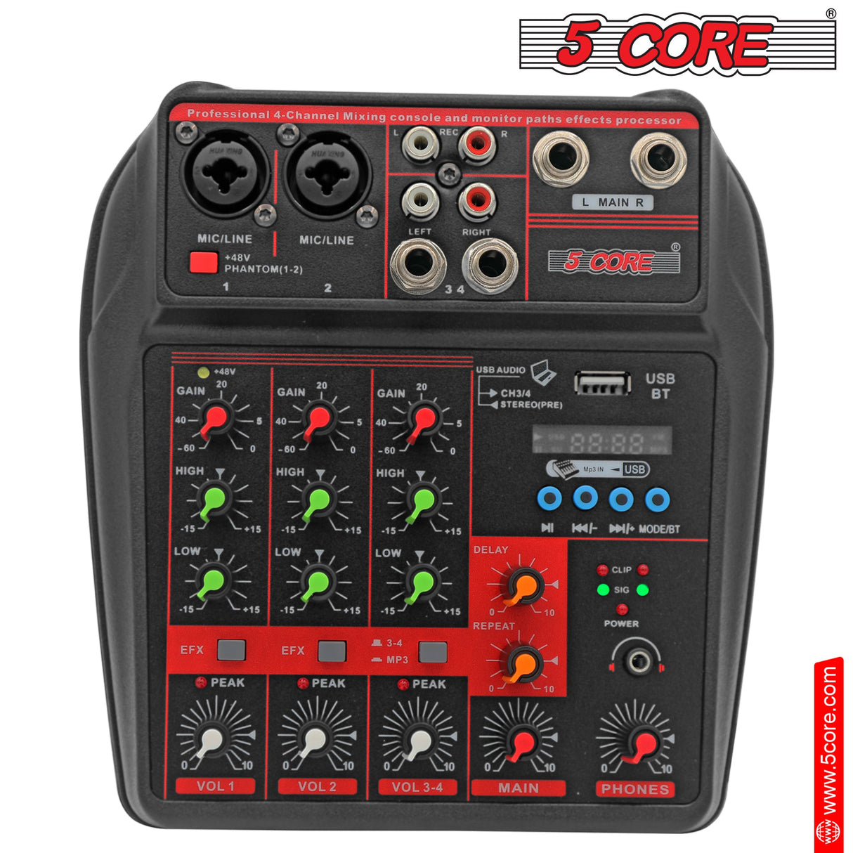 5 Core Audio Mixer 4 Channel DJ Equipment with Bluetooth USB Sound Board Console