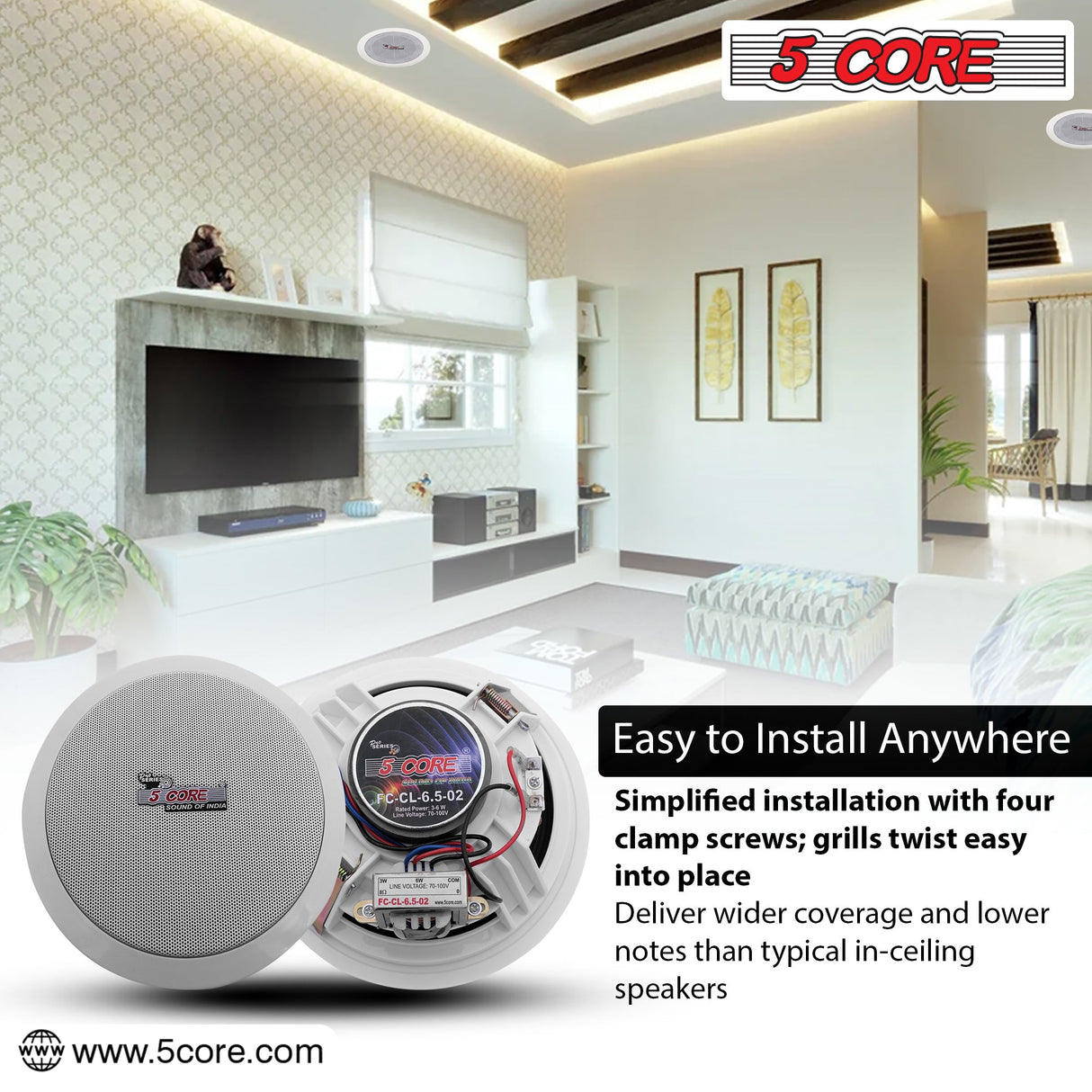 5Core Ceiling Speaker 6.5 Inch In Wall 2 Way Home Audio Mount 60W Sound System