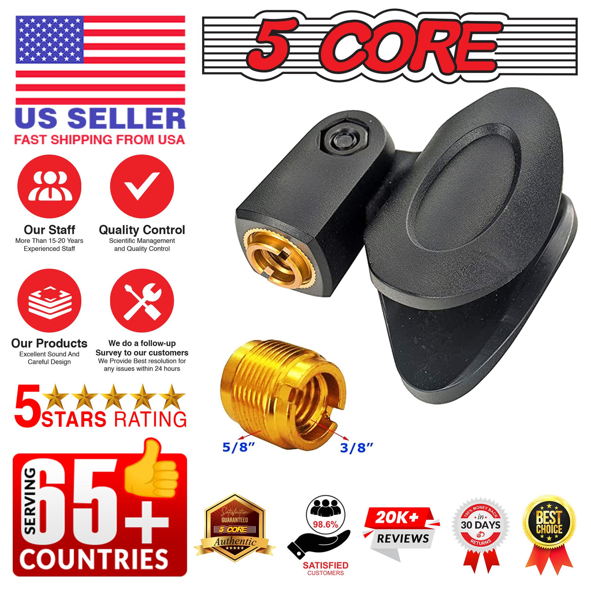 5 Core Microphone Clip Holder 2 Pieces with Screw Adapters 5/8 to 3/8 Inch