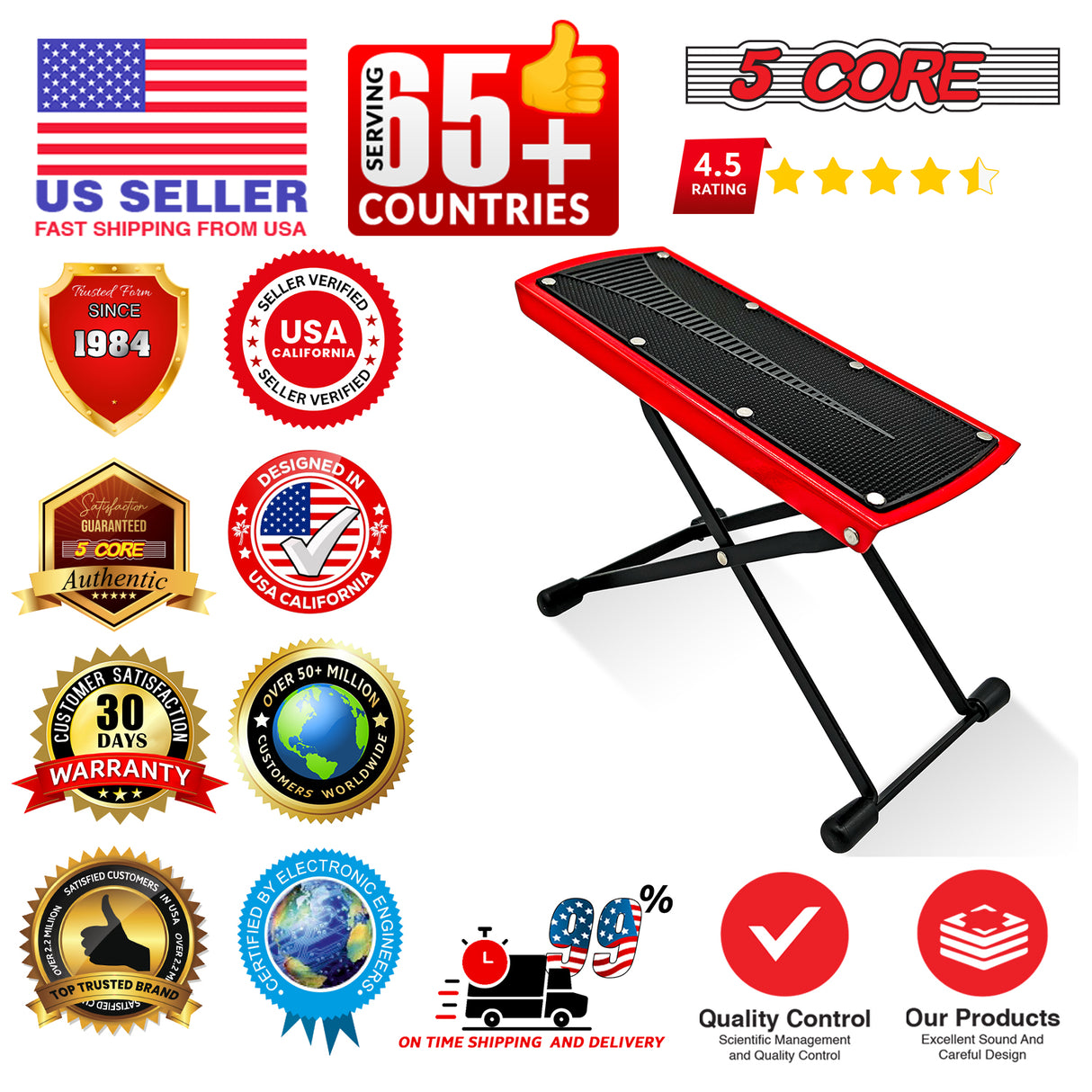 5Core Guitar Foot Stool Height Adjustable Folding Leg Rest Classical Footrest