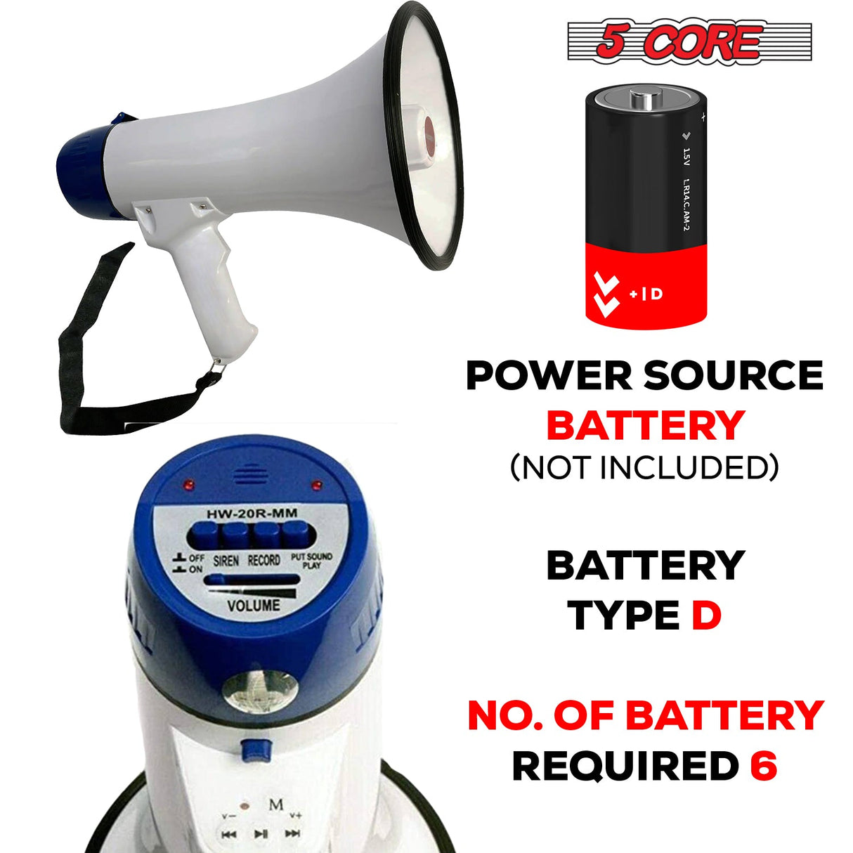 5Core Megaphone Bullhorn Speaker 20W Bull Horn Battery Power Cheer Megafono Loudspeaker