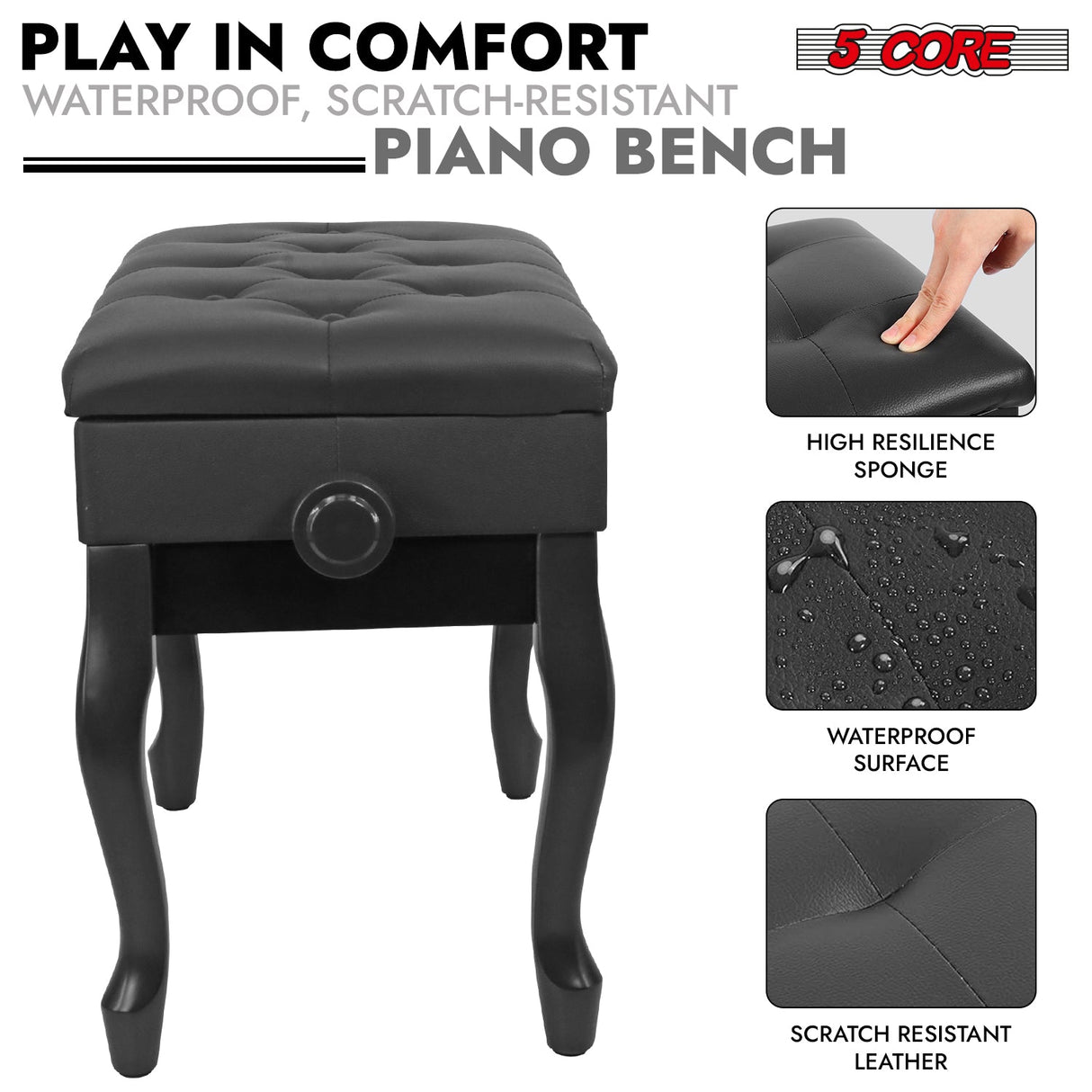 5 Core Piano Bench Wooden Height Adjustable Stool Heavy Duty Keyboard Seat with Storage BLACK