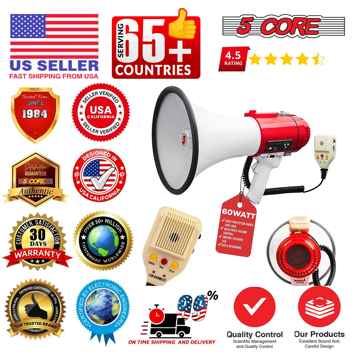 5 Core Megaphone 60W Bull Horn Professional PA Speaker w 1200 Yards Range Loud Siren Voice Amp