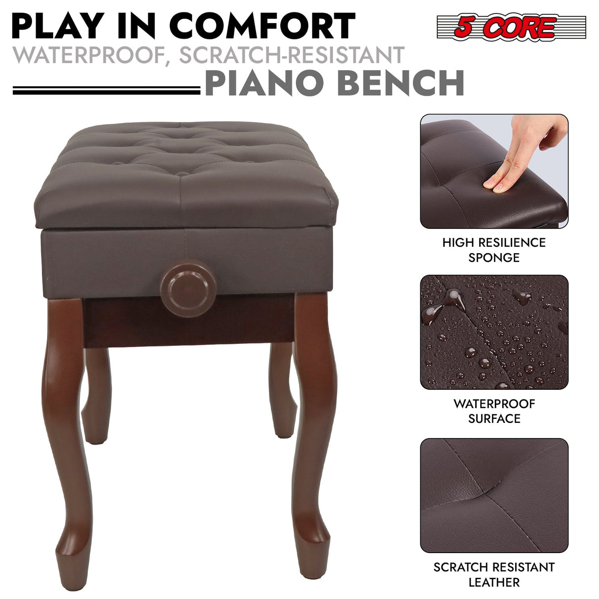 5 Core Piano Bench Wooden Height Adjustable Stool Heavy Duty Keyboard Seat with Storage BROWN