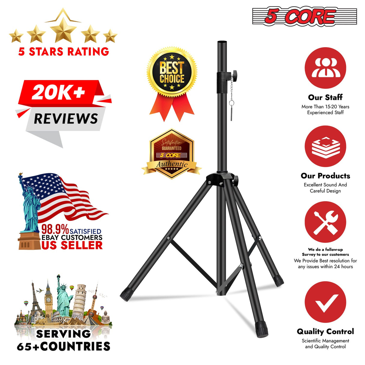 5Core Speaker Stand Tripod Floor Short Adjustable DJ Studio Monitor Stands Pole Mount BLACK