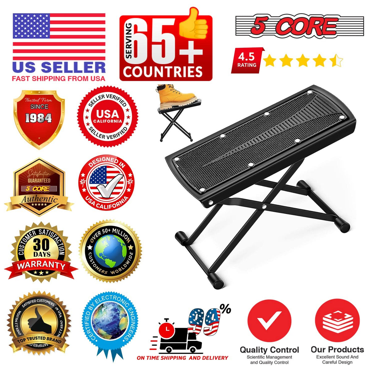 5Core Guitar Foot Stool Height Adjustable Folding Leg Rest Classical Footrest