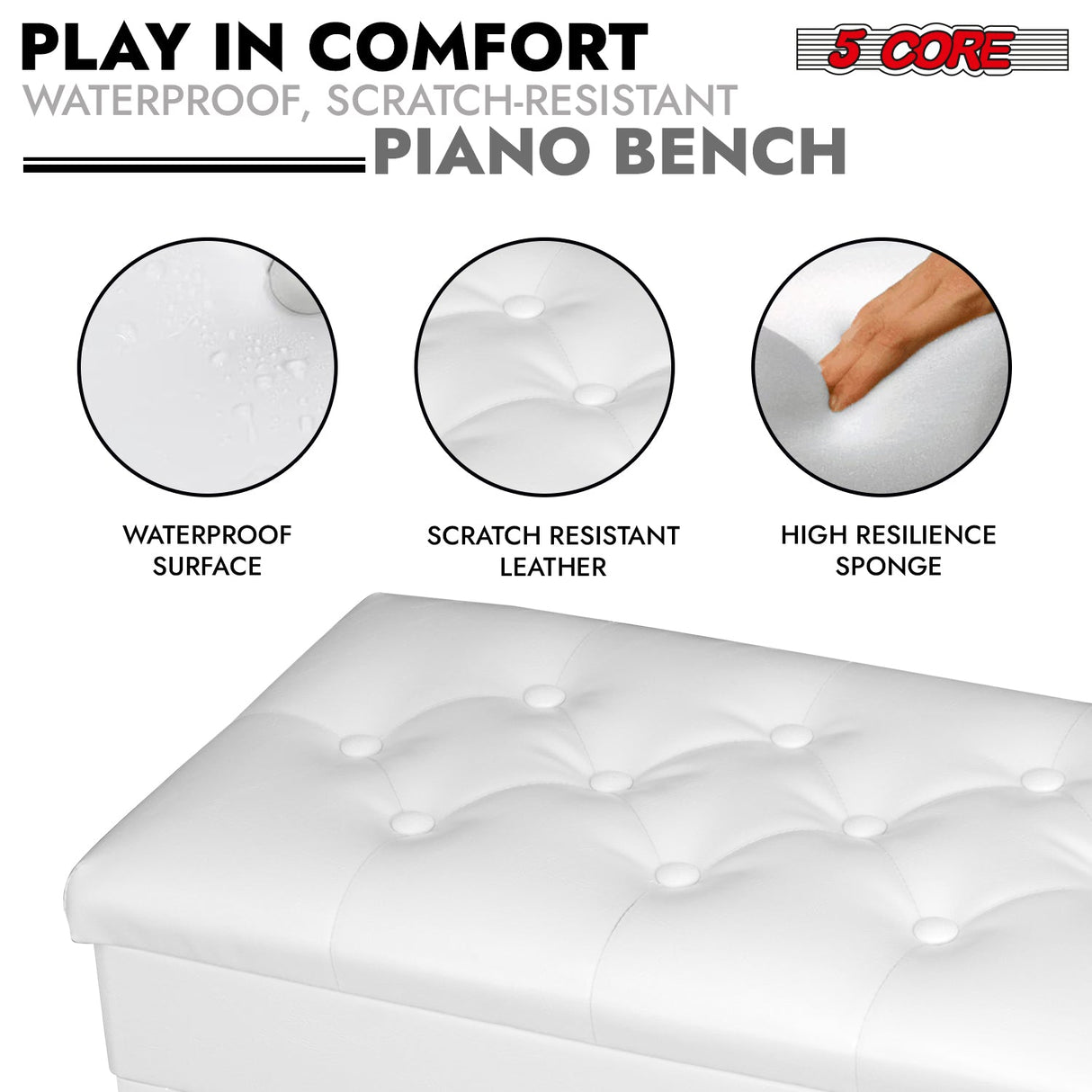 5 Core Piano Bench Wooden Height Adjustable Stool Heavy Duty Keyboard Seat with Storage WHITE