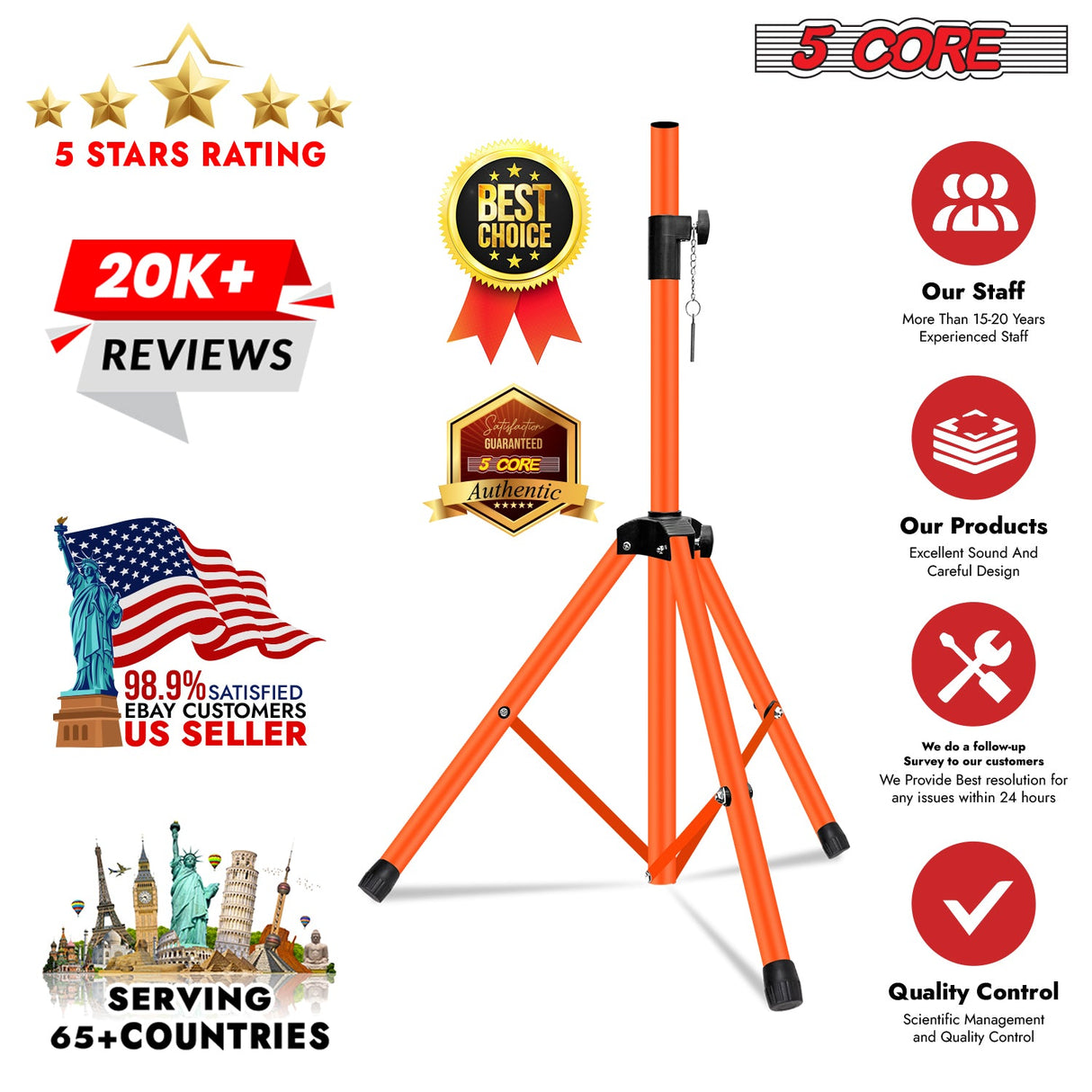 5Core Speaker Stand Tripod Floor Short Adjustable DJ Studio Monitor Stands Pole Mount ORANGE