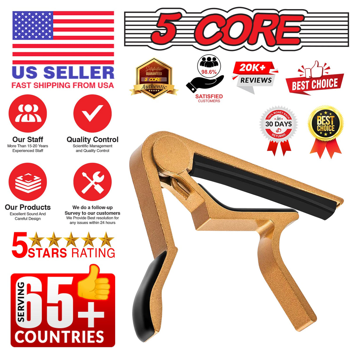 5Core Capo Acoustic Electric Guitar 6 String Kapo Clip For Banjo Mandolin Ukulele GOLD