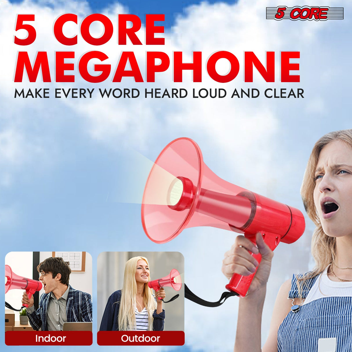 5Core Megaphone Bullhorn Speaker w Siren LED Light Adjustable Volume Bull Horn RED
