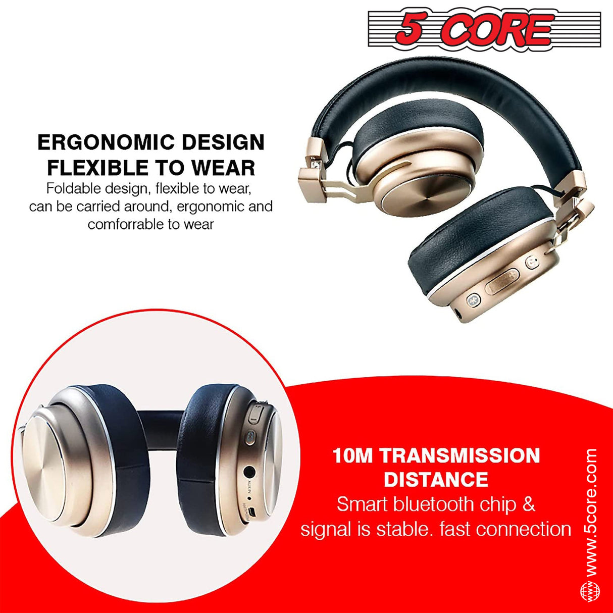 5 CORE Bluetooth Headphones Over Ear Noise Cancelling Headset Stereo Headphone with Padded Ear Cups + Adjustable Headband HEADPHONE 13 G