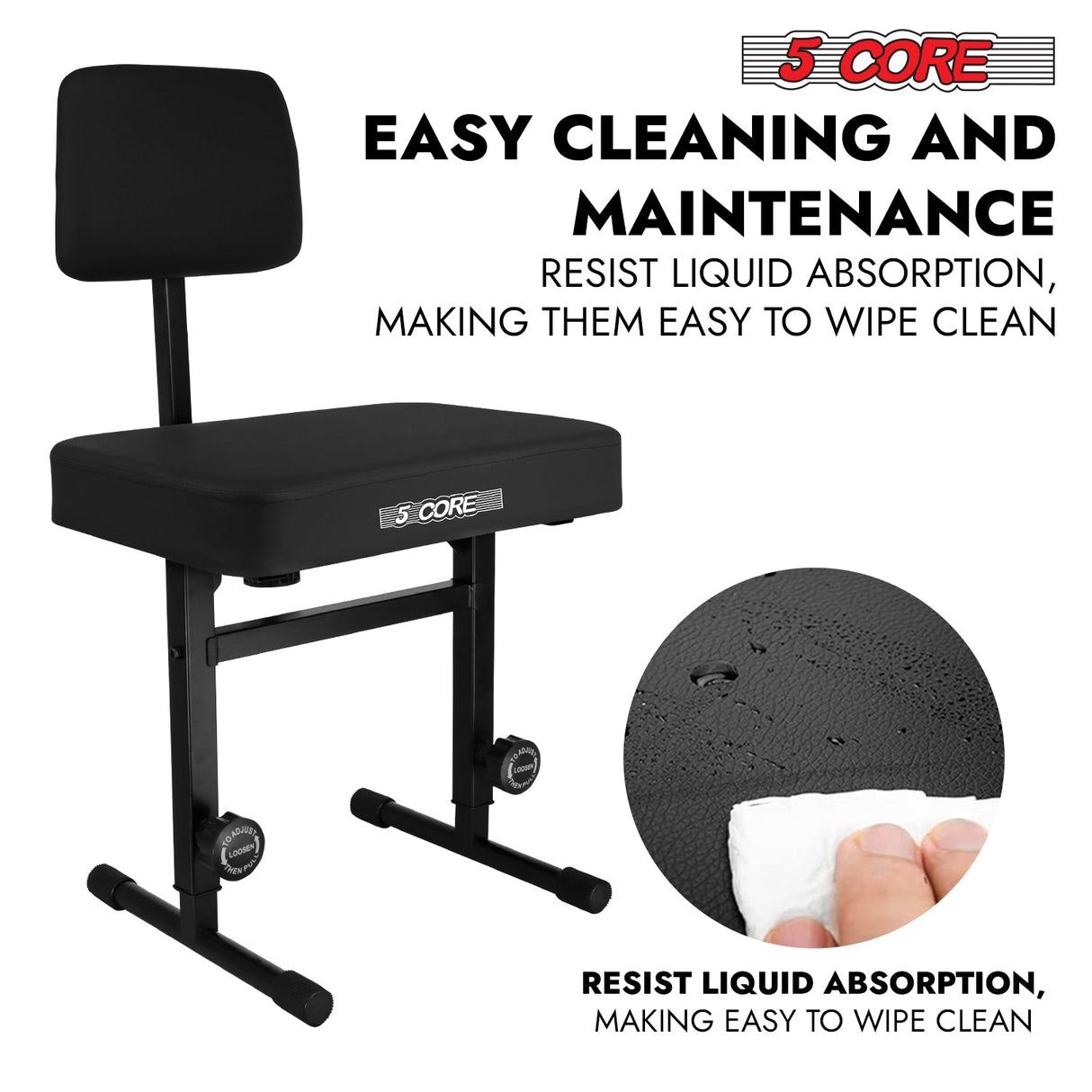 5 CORE Piano Bench Height Adjustable Keyboard Stool Stool Heavy Duty Thick Padded Cushioned Seat with Backrest Black