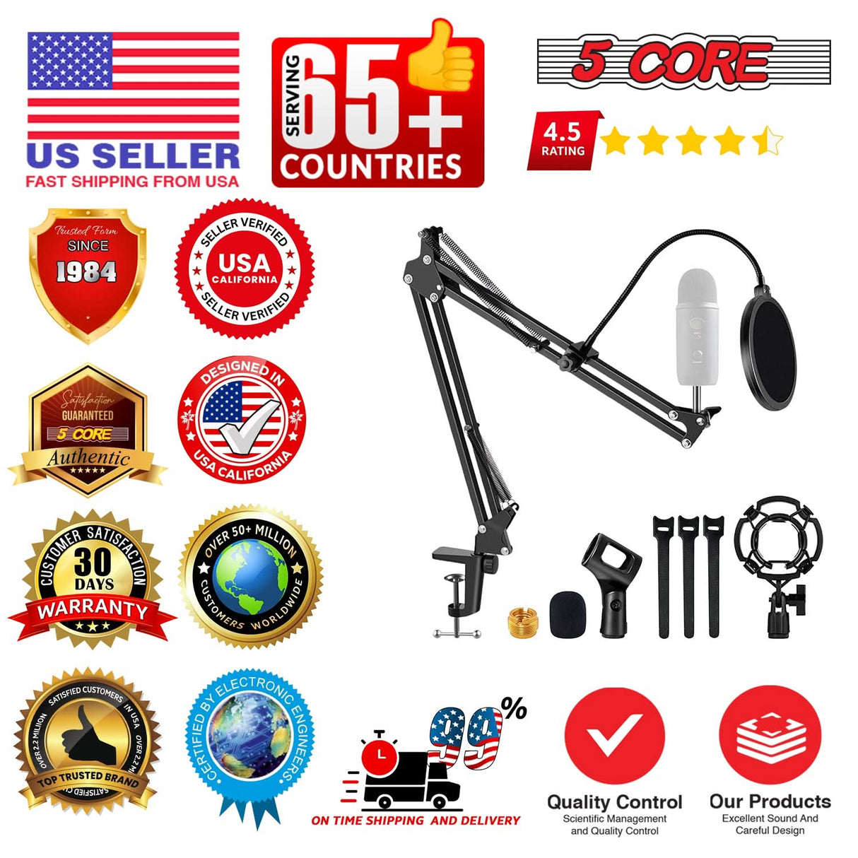 5Core Microphone Stand Suspension Desk Scissor Boom Arm 16" Shock Mount Pop Filter