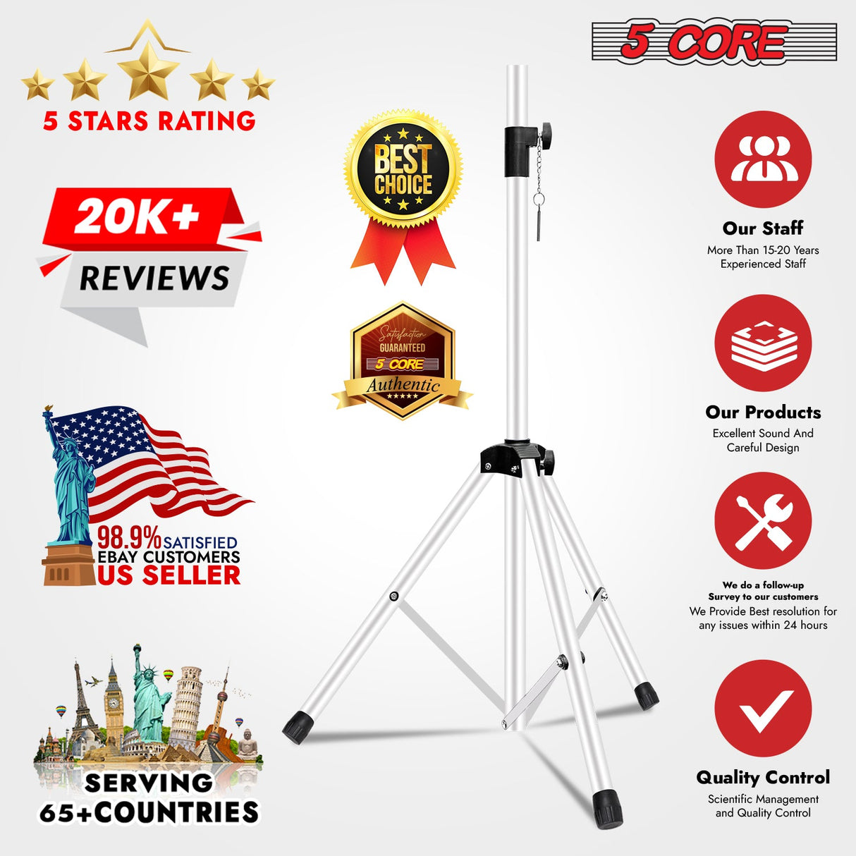 5Core Speaker Stand Tripod Tall Adjustable 72 Inch DJ Studio Monitor Stands Pole Mount WHITE