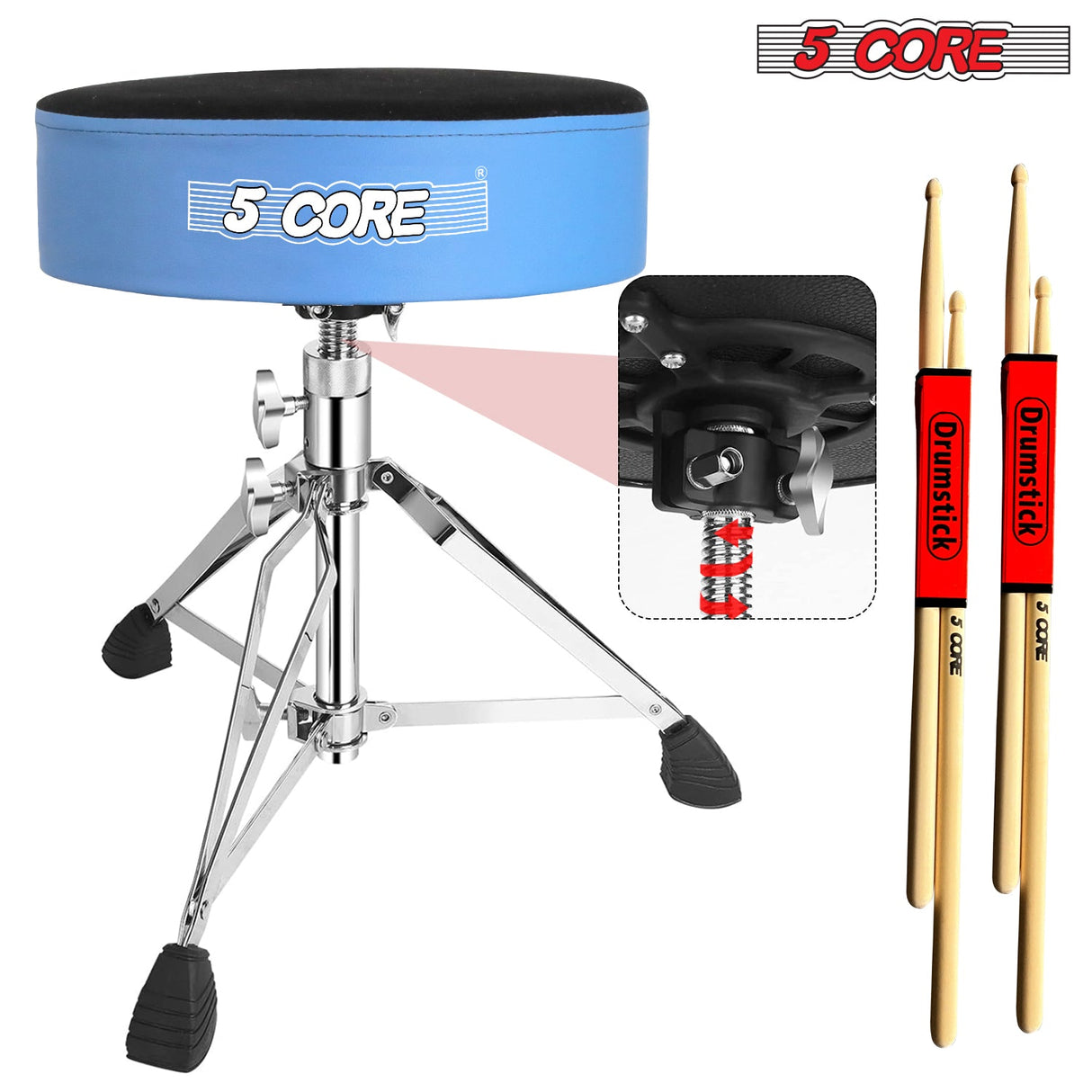 5Core Drum Throne Padded Guitar Stool Swivel Adjustable Drummer Seat Music Chair BLUE VELVET